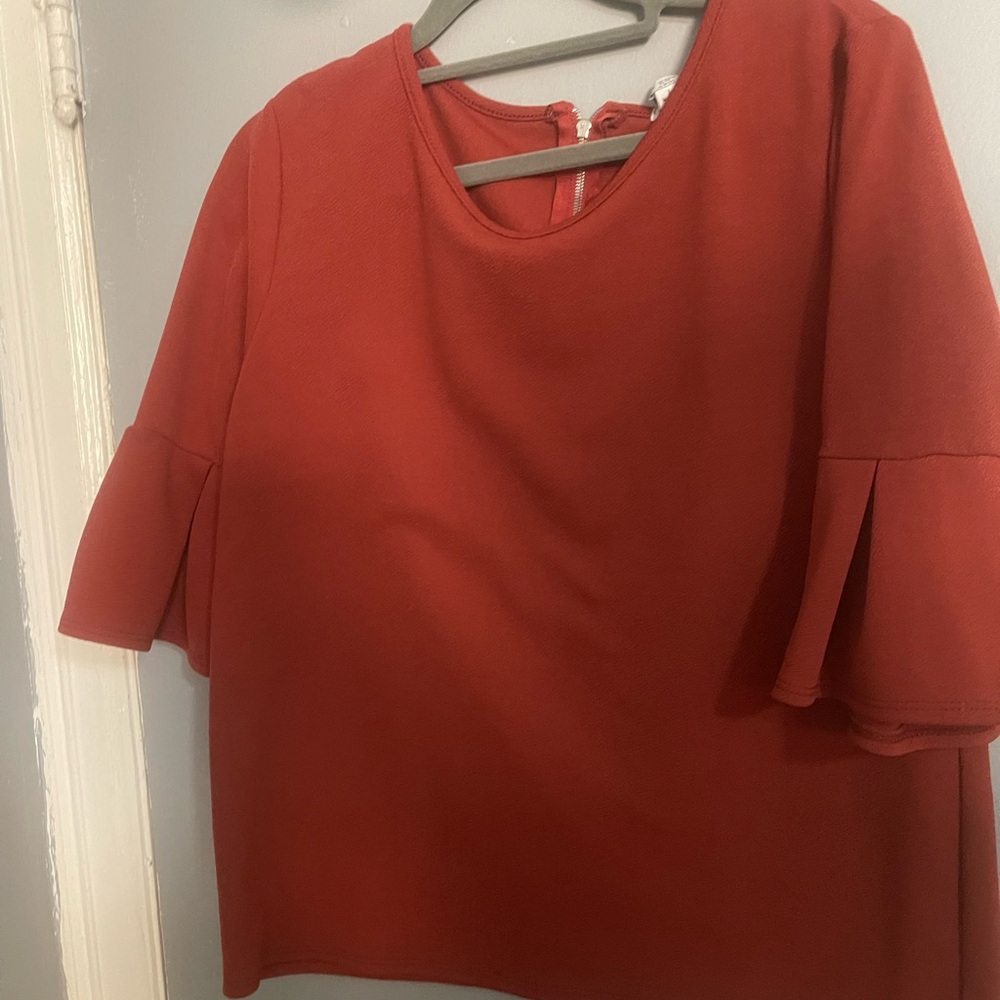 Green Envelope Vibrant Rust Apparel.  This is a polyester top.